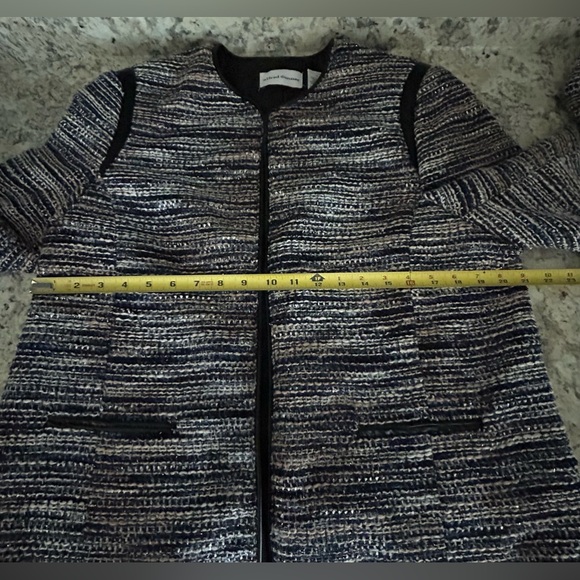 Alfred Dunner Tweed Metallic Blue Jacket Open Front Faux Vegan Leather Size 12 - Picture 10 of 12